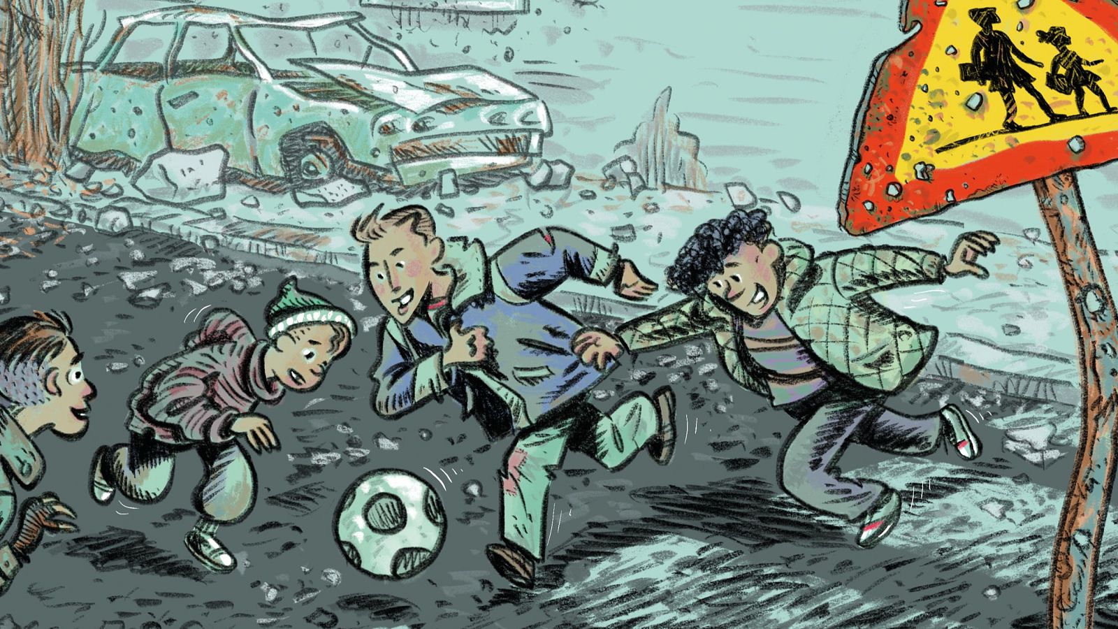 Cuatro niños juegan al fútbol en una calle en ruinas; un coche abandonado y escombros sugieren un escenario postapocalíptico reflejado en la portada del cómic "Días sin escuela".