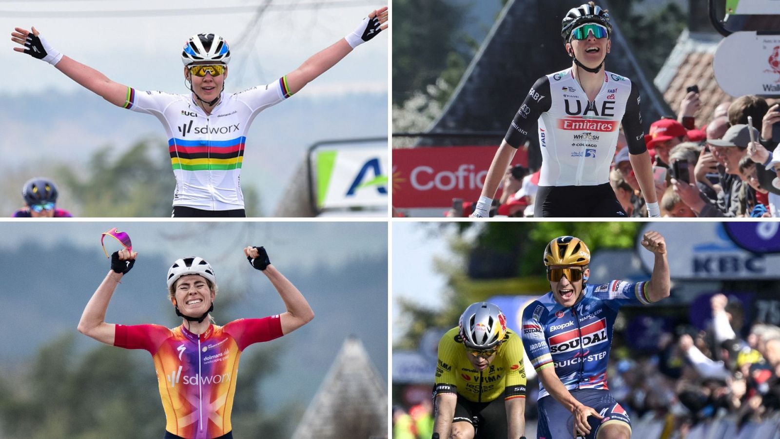 De izquierda a derecha y arriba abajo, Anna van der Breggen, Tadej Pogacar, Demi Vollering y Remco Evenepoel.