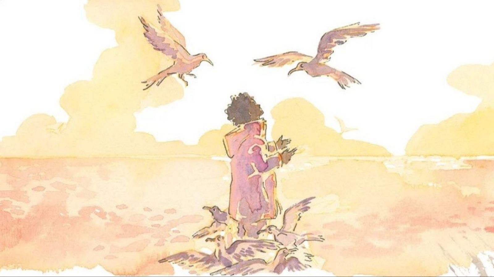 Personaje de espaldas con abrigo largo y pelo oscuro en playa con gaviotas al atardecer.  Escena tranquila con tonos cálidos.