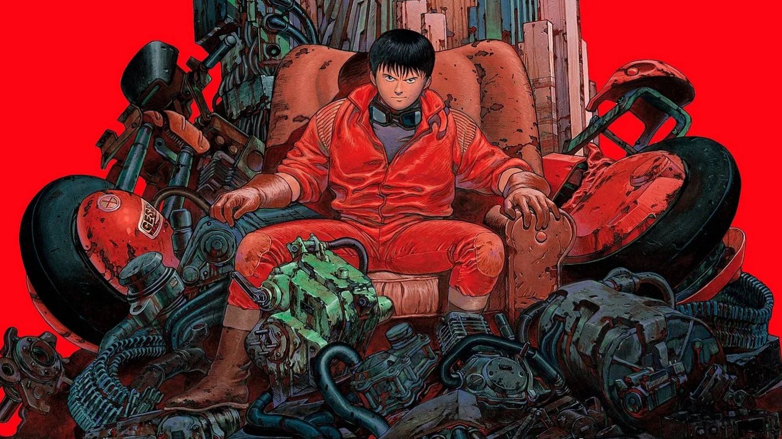 Kaneda, de Akira, en un sillón, con mono rojo y guantes marrones, rodeado de piezas mecánicas sobre fondo rojo. Atmósfera decadente.