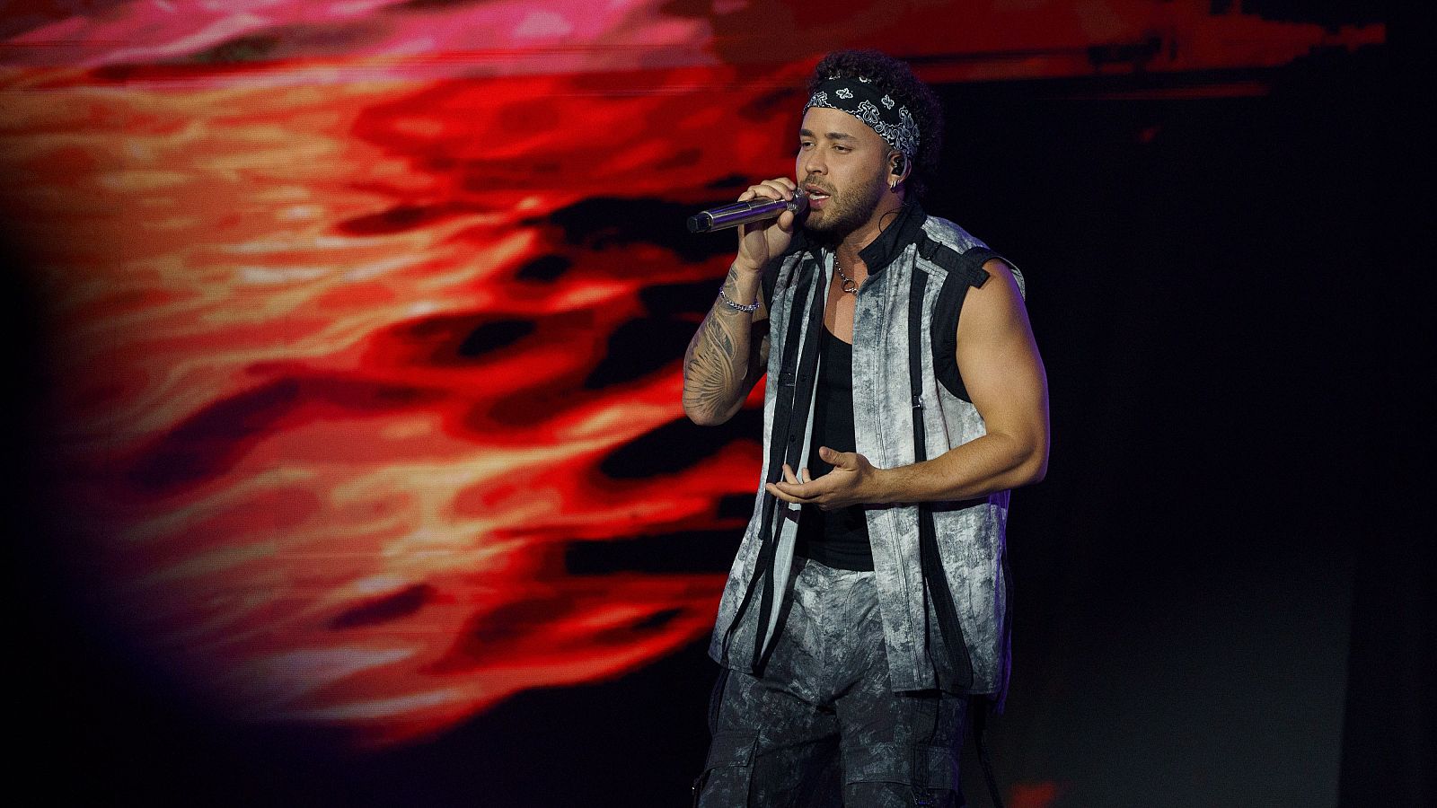 Cantante en concierto, con micrófono en mano, viste camiseta negra, chaleco gris y pantalones cargo. Fondo con pantalla de llamas abstractas.