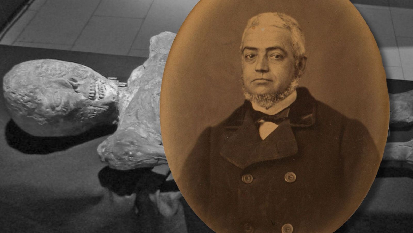Momia y retrato de hombre en blanco y negro. La momia muestra deterioro óseo; el hombre viste traje y corbata.