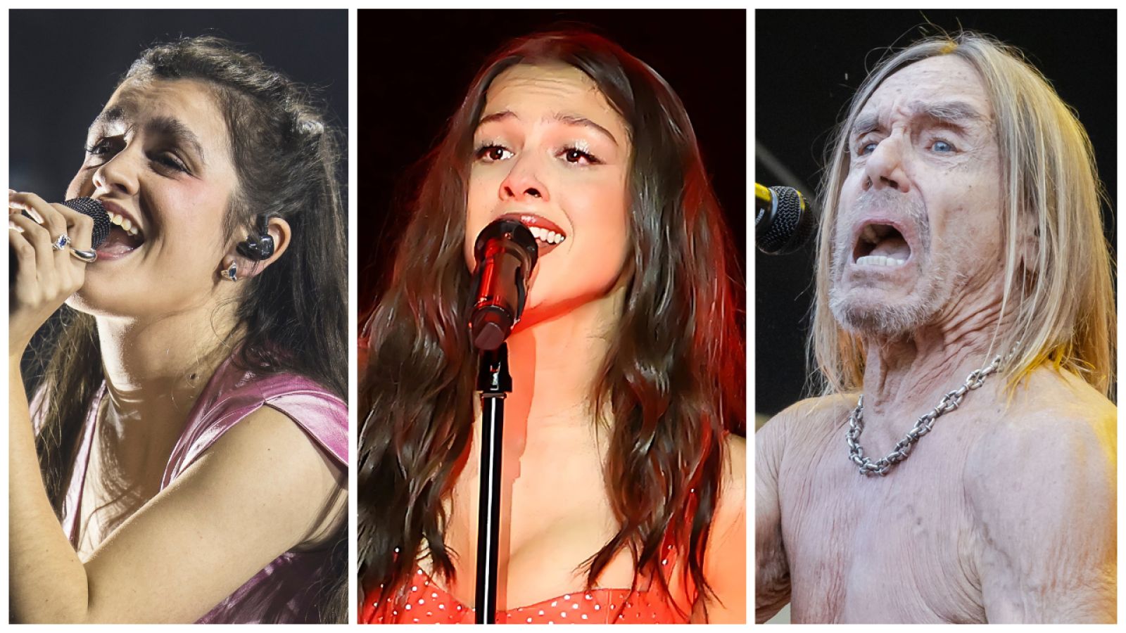 Imágenes de tres artistas musicales: Amaia (vestido rosa), Olivia Rodrigo (vestido rojo con lunares) e Iggy Pop (sin camiseta, con cadena) cantando en conciertos.