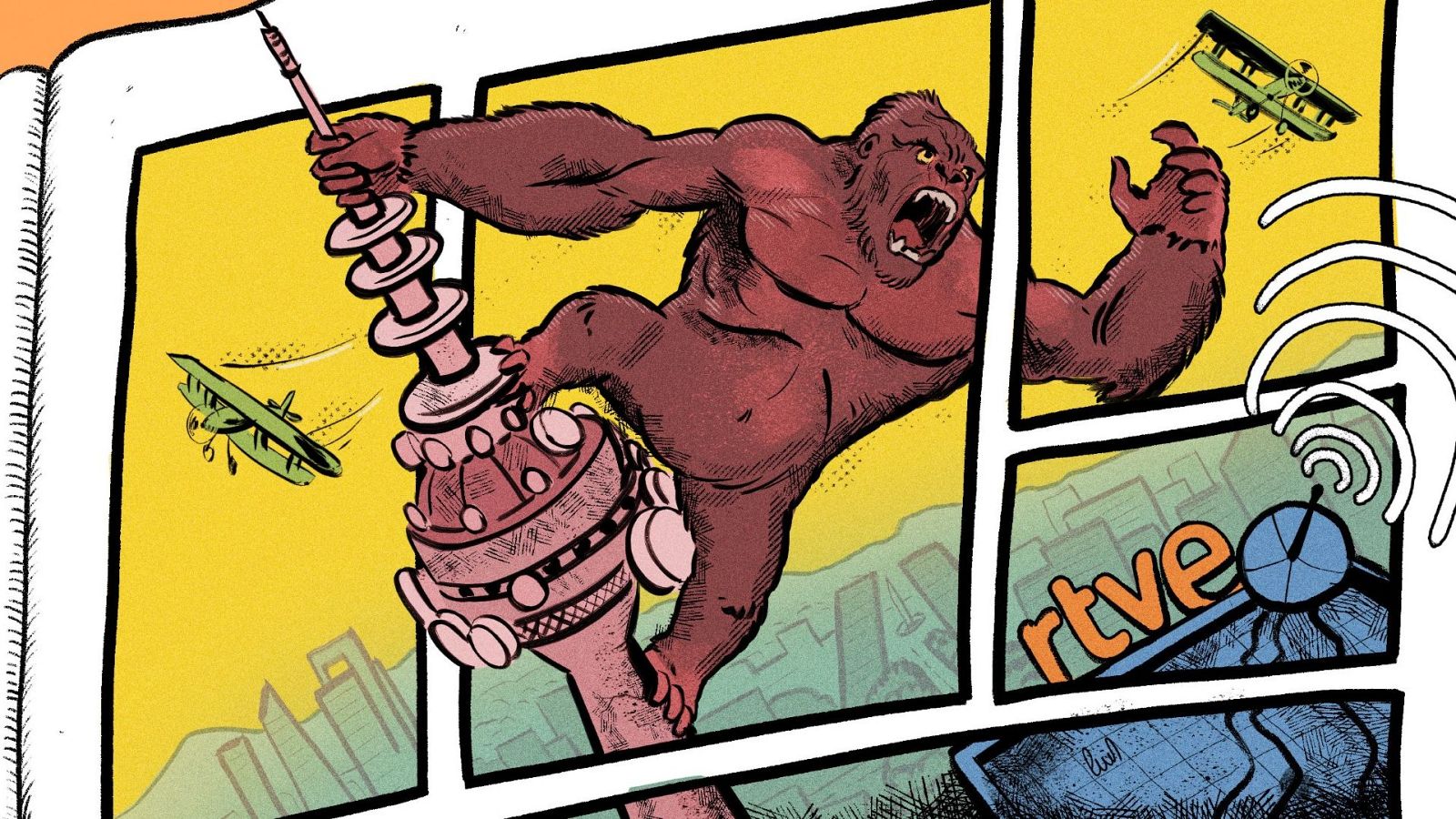 Viñeta de cómic con gorila gigante, aviones y antena parabólica con logo, conmemorando un aniversario.