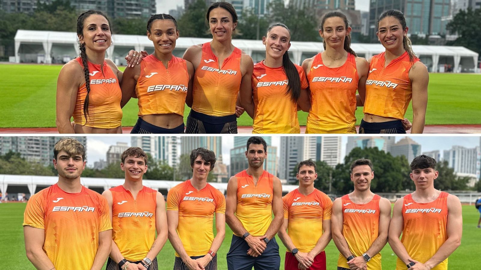 Fotocomposición con los equipos de España del 4x100 femenino (arroba) y 4x400 masculino para el Mundial de relevos de Guanzhou 2025