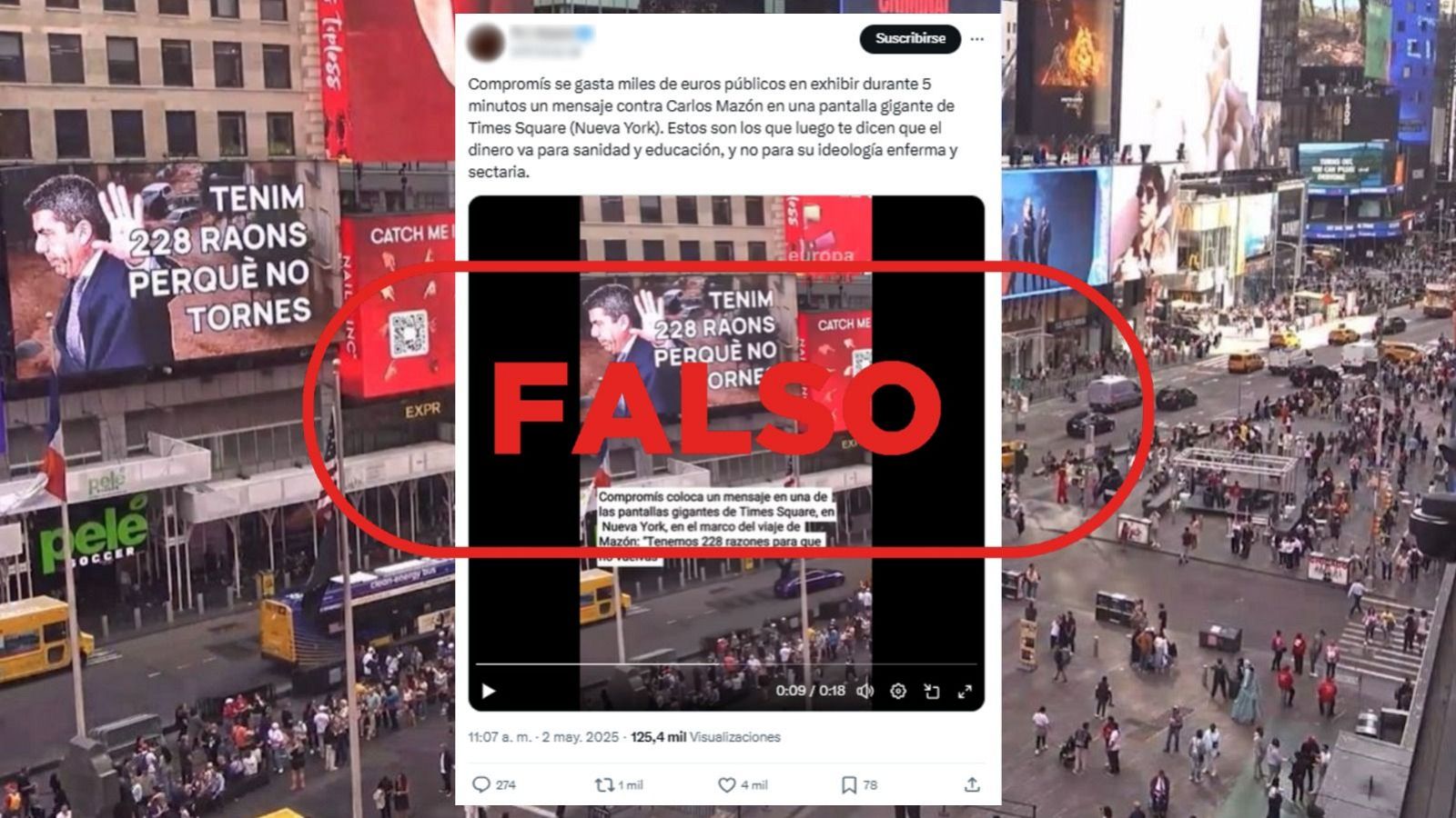 El cartel de Mazón en Times Square no ha costado “miles de euros públicos”