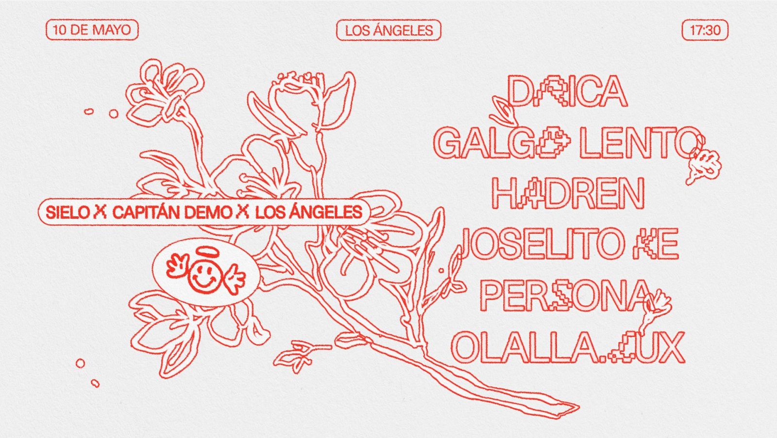 Evento musical "SIELO x CAPITÁN DEMO x LOS ÁNGELES" el 10 de mayo a las 17:30.  Ilustración roja de rama con flores y rostro sonriente alado.