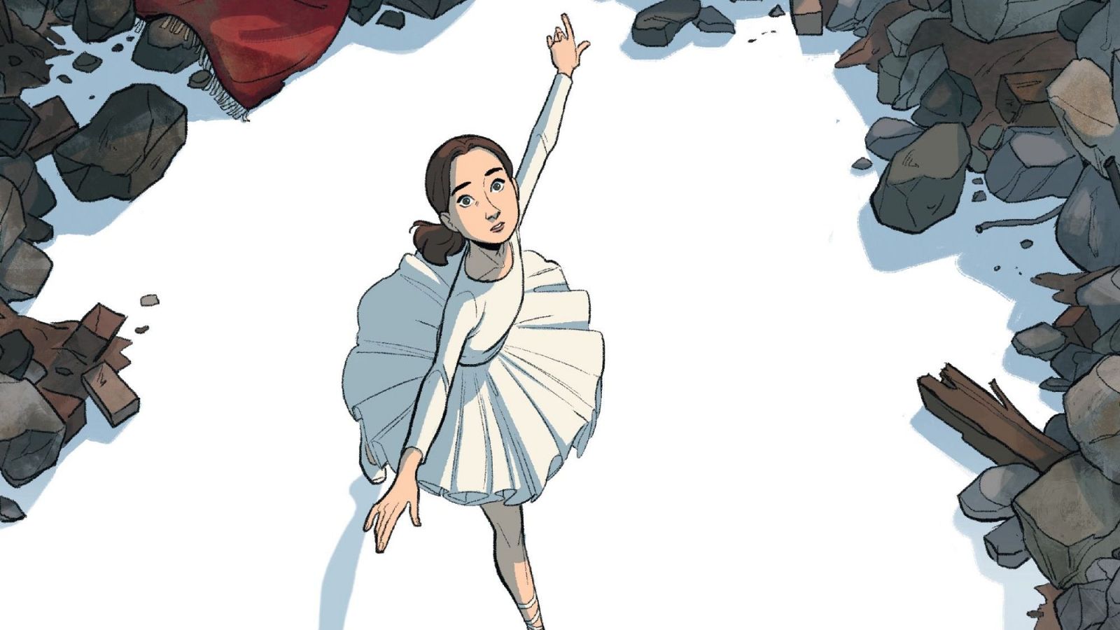 Niña en tutú blanco sobre fondo blanco con escombros.  Contrastes visuales impactantes: delicadeza y destrucción.