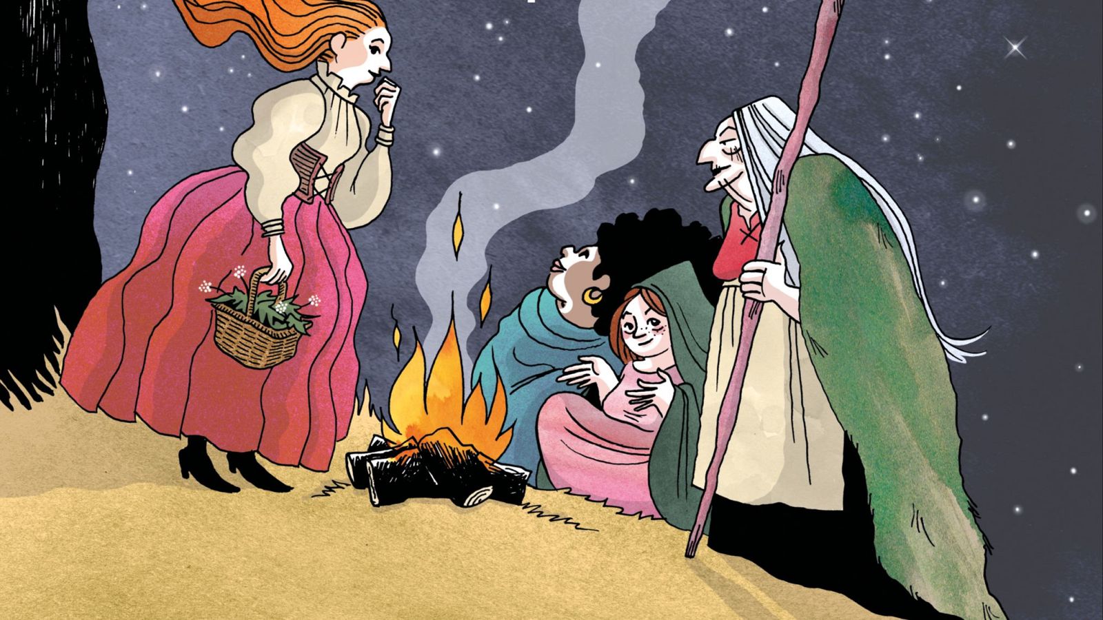 Portada de cómic: cuatro mujeres alrededor de una fogata nocturna bajo un cielo estrellado. Una pelirroja con cesta se acerca a un grupo que incluye una anciana con bastón.