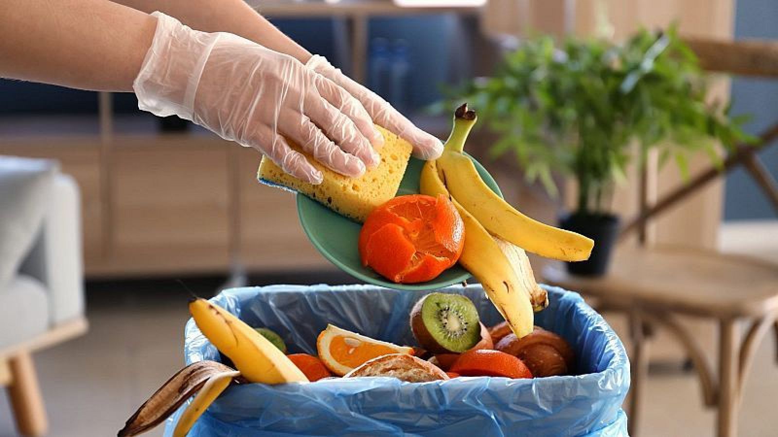 Una persona llença aliments a la paperera.