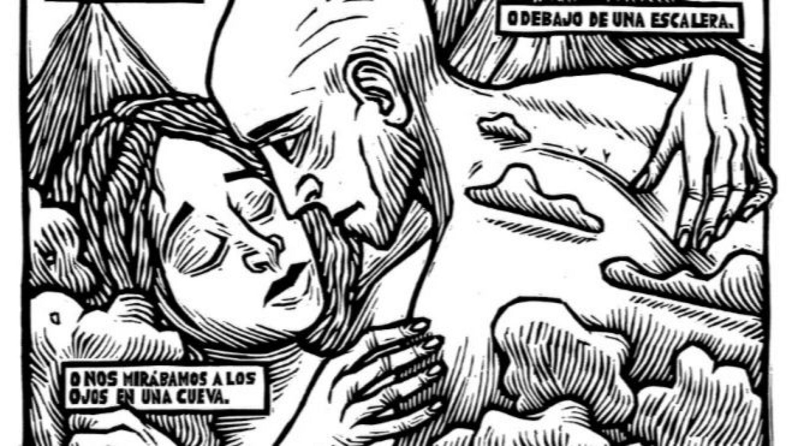 Grabado en blanco y negro: escena íntima entre una mujer de cabello oscuro y un hombre calvo.  Sus rostros están muy cerca; sus manos se tocan.  Textos en la imagen indican un lugar secreto.