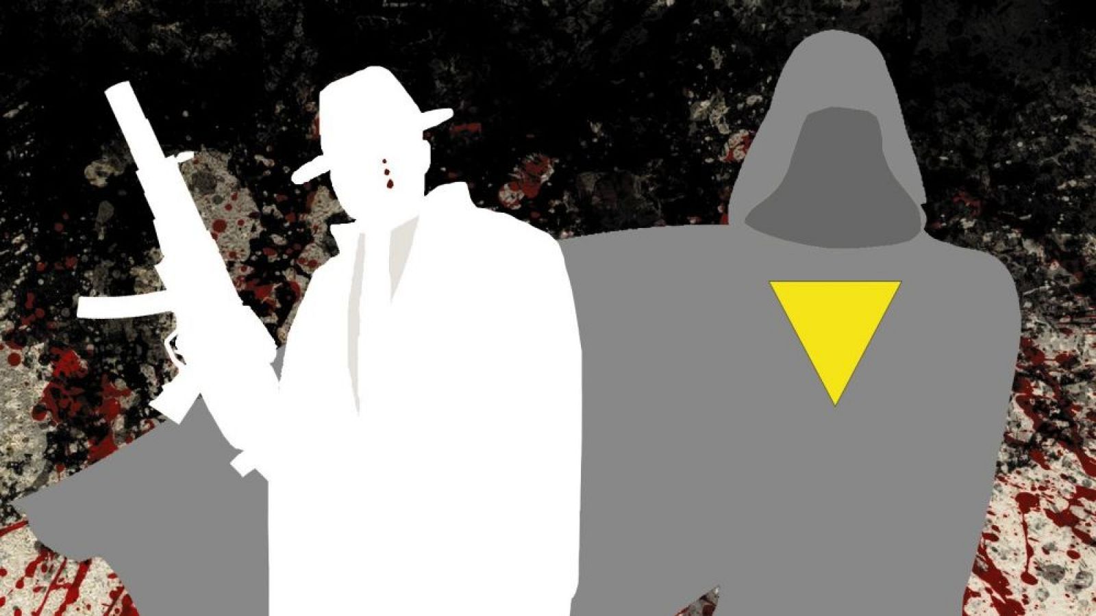 Detalle de portada de cómic: dos figuras, una blanca con metralleta y otra oscura con capucha y triángulo amarillo, sobre fondo con manchas rojas.  Sugiere enfrentamiento.