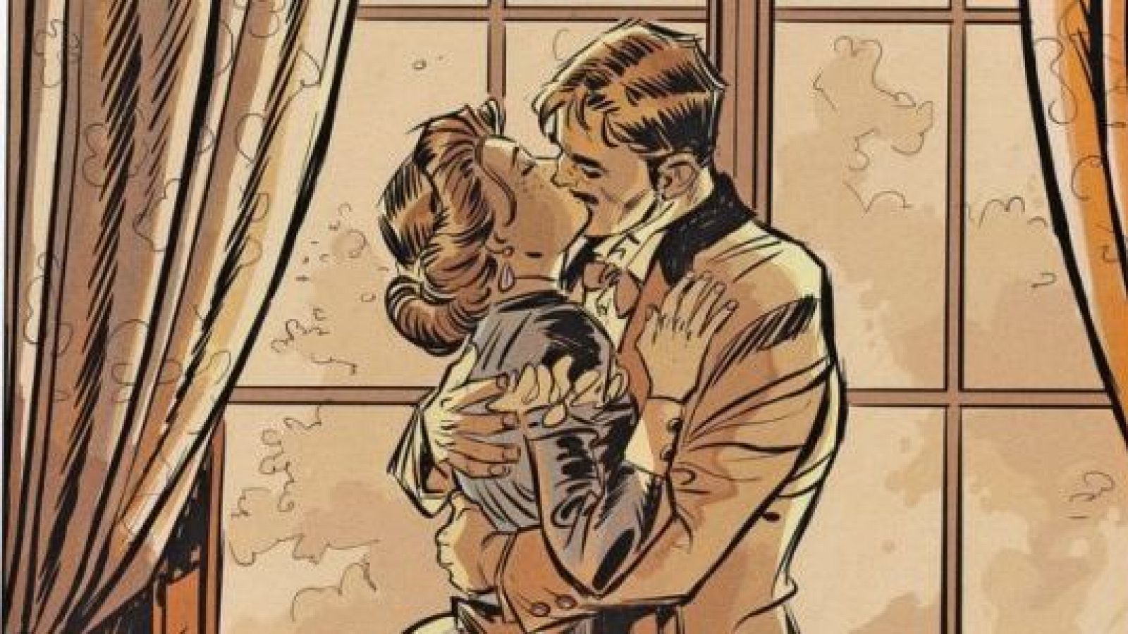Pareja abrazada y besándose apasionadamente en una viñeta de cómic. Él lleva traje de época, ella un vestido similar.  Ambiente romántico en interior con ventana y cortinas.