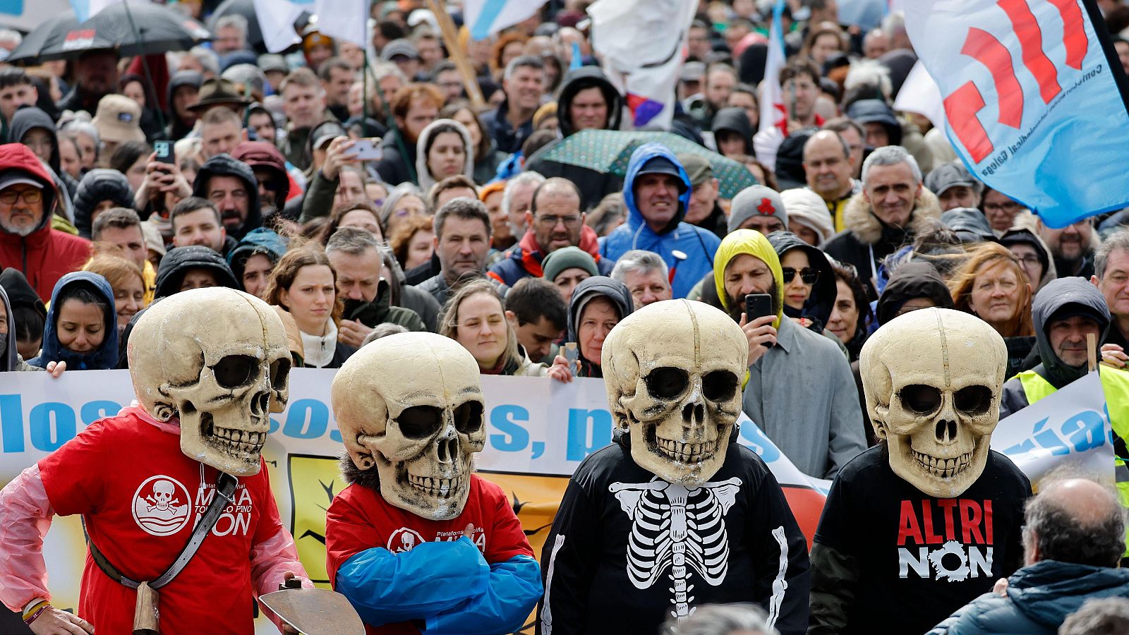 Protestas contra proyecto de celulosa con manifestantes usando máscaras de calavera y pancartas con mensajes de rechazo. Se observa una bandera de 'Augas Limpas Galegas'.