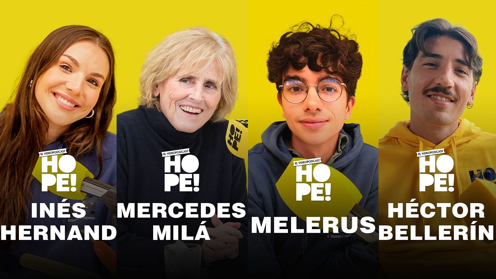 Cartel promocional de un videopodcast, mostrando a cuatro personas sosteniendo elementos con el logo del programa.  Sus nombres aparecen debajo.