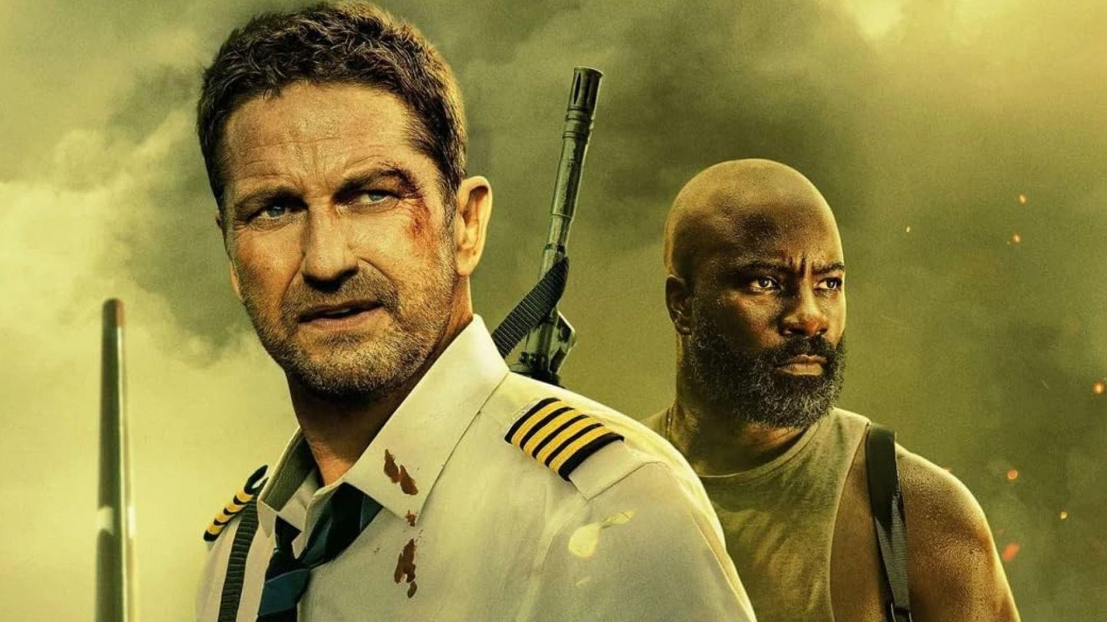 Gerard Butler, con uniforme de piloto ensangrentado, junto a otro hombre en un escenario de conflicto. Cartel de la película de acción "El Piloto".