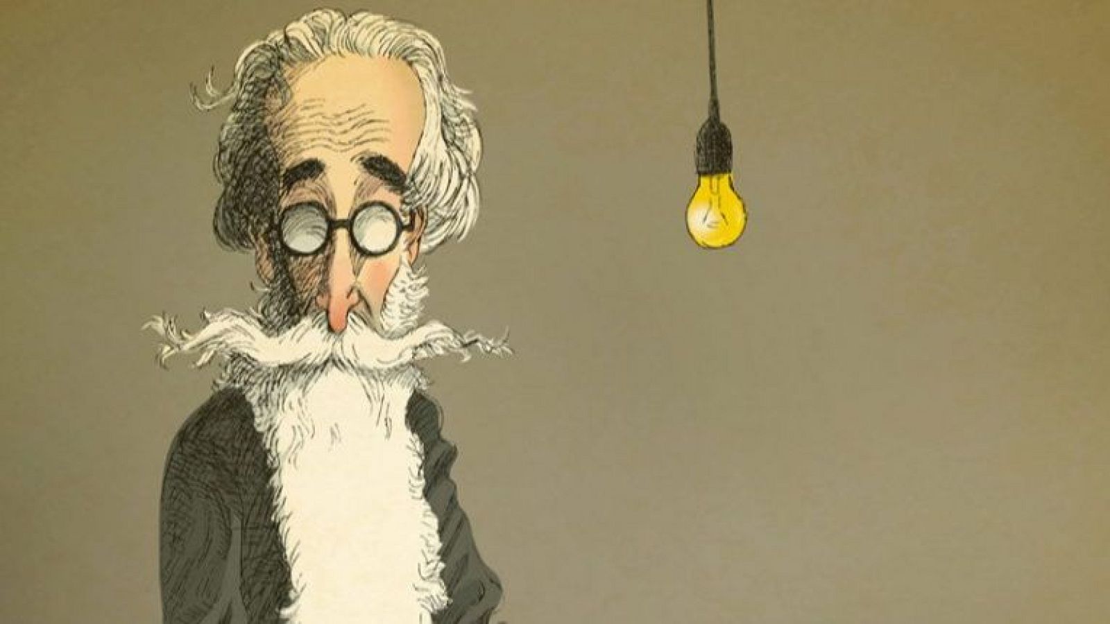 Caricatura de Valle-Inclán con barba blanca, gafas y cabello gris; bombilla amarilla iluminada al lado, sobre fondo beige.