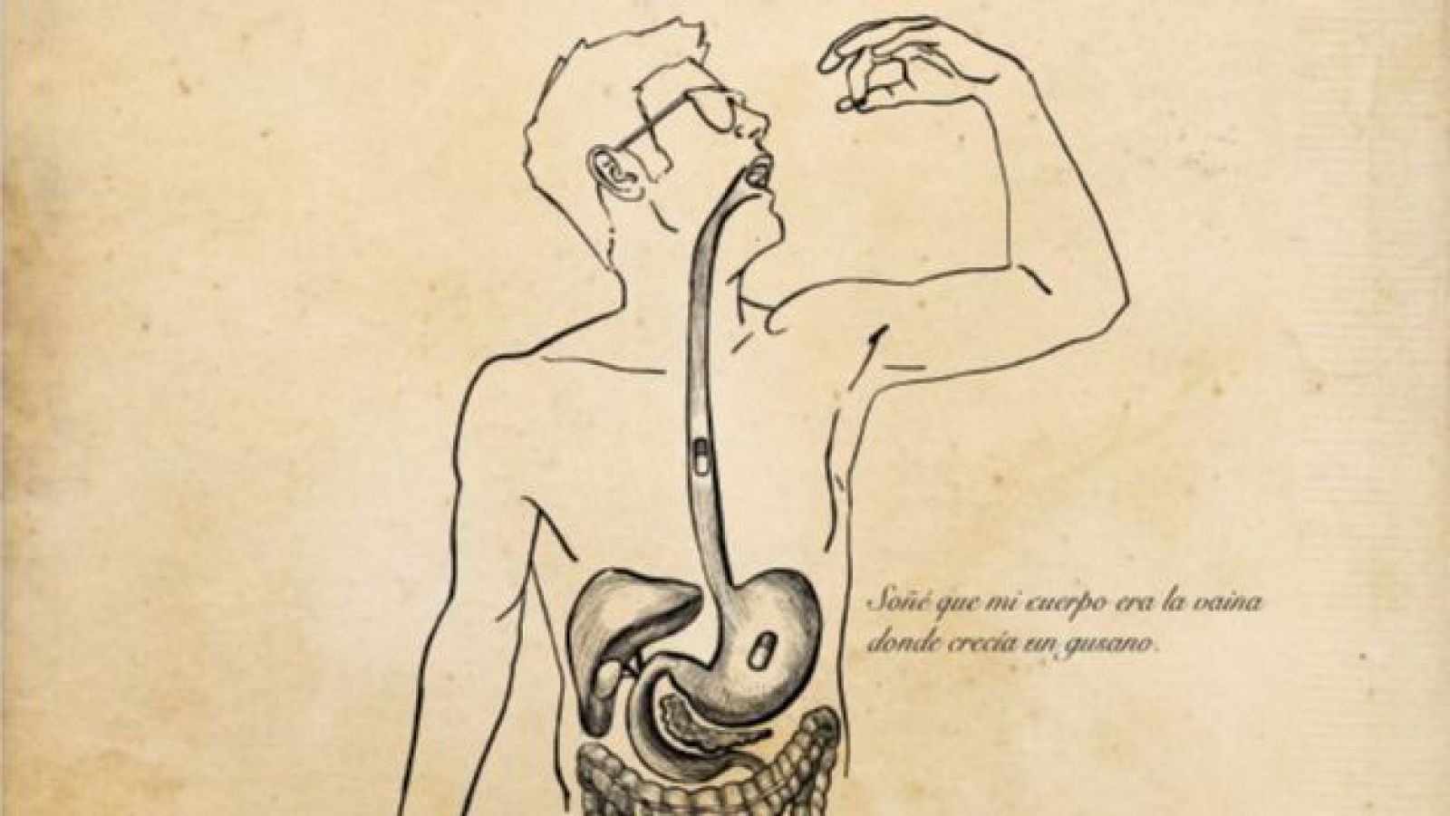 Viñeta en blanco y negro: hombre con gafas tomando pastilla, esquema digestivo superpuesto mostrando su recorrido, texto inferior.