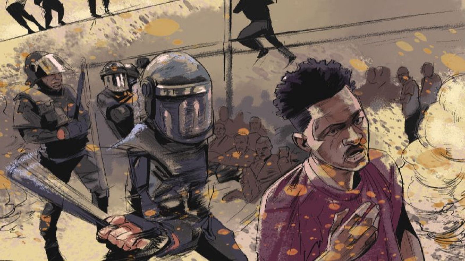 Enfrentamiento entre antidisturbios y manifestantes en viñeta de cómic. Un joven con camiseta rosa/morada observa la escena con preocupación.  Manchas de color naranja/amarillo añaden dramatismo.