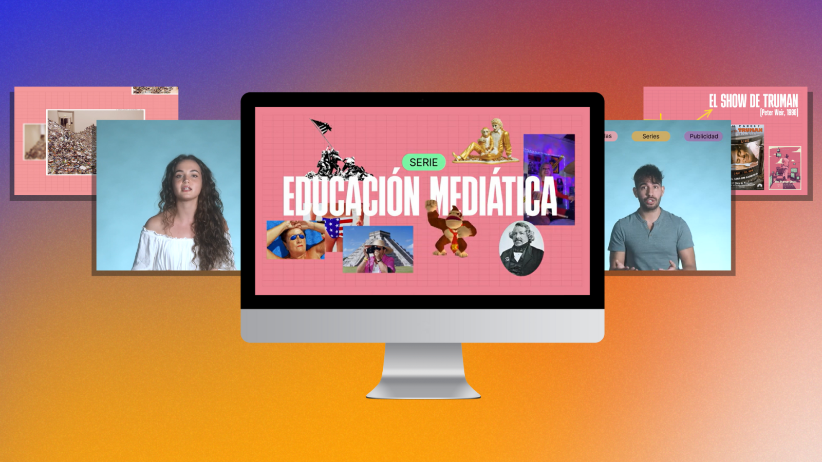 Campaña RTVE de educación mediática: imágenes diversas ilustran el tema, incluyendo personajes de videojuegos y escenas cotidianas; dos personas aparecen a los lados.