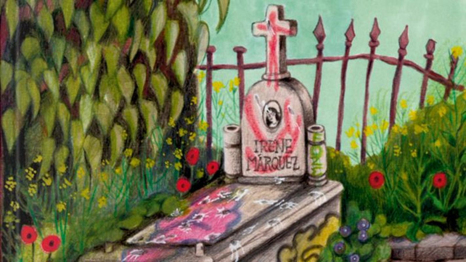 Lápida gris con cruz roja y retrato en blanco y negro, rodeada de vegetación y grafitis. Detalle de portada de cómic.