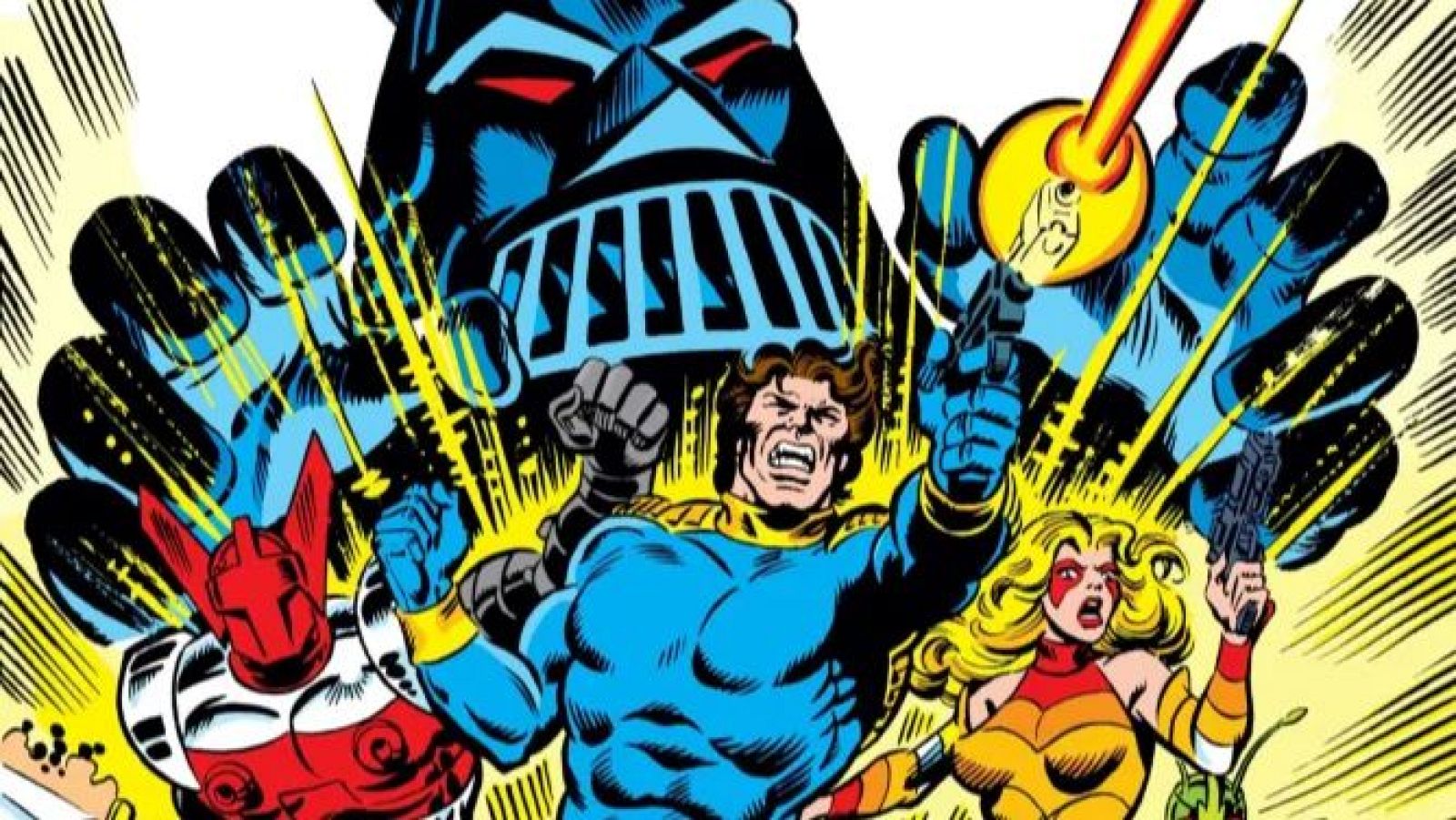 Tres personajes, un hombre y una mujer con pistolas y un robot, luchan contra un enorme robot oscuro en una escena de acción de la portada del cómic 'Los Micronautas'.