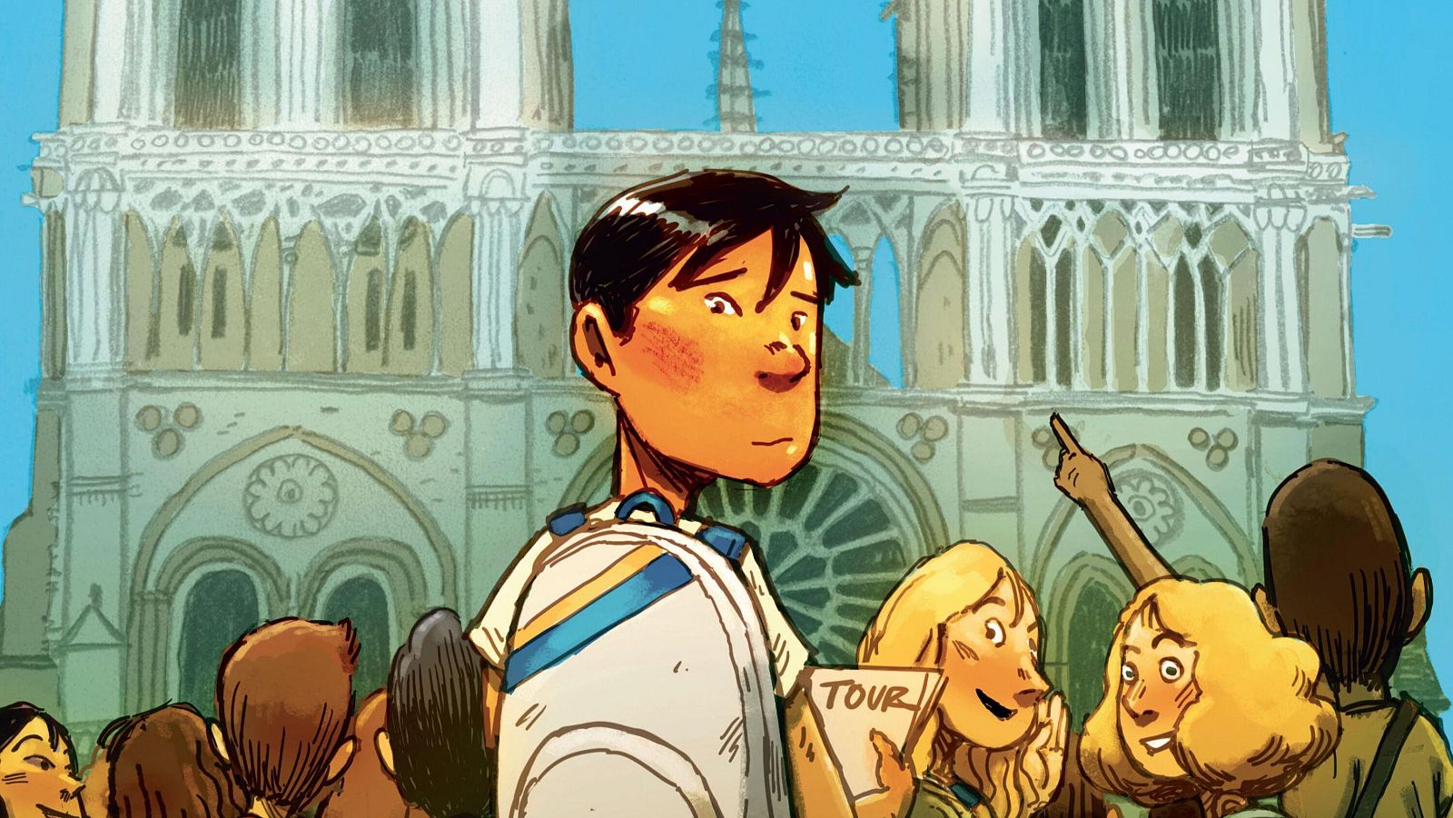 Jóvenes turistas frente a Notre Dame, portada del cómic "Siempre hay una primera vez". Una chica lleva un folleto de un tour.