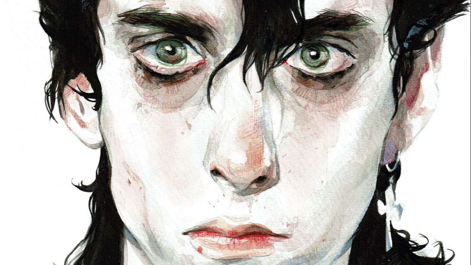 Primer plano de rostro con pelo oscuro, ojos verdes y expresión seria; técnica de acuarela, posible portada de cómic.