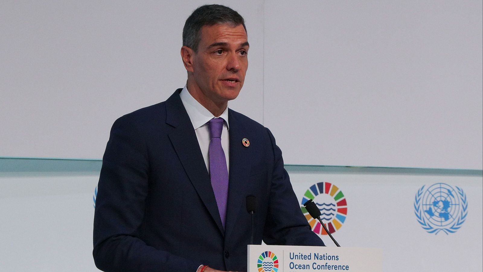 El presidente del Gobierno, Pedro Sánchez, durante su intervención en la Conferencia de los Océanos de la ONU
