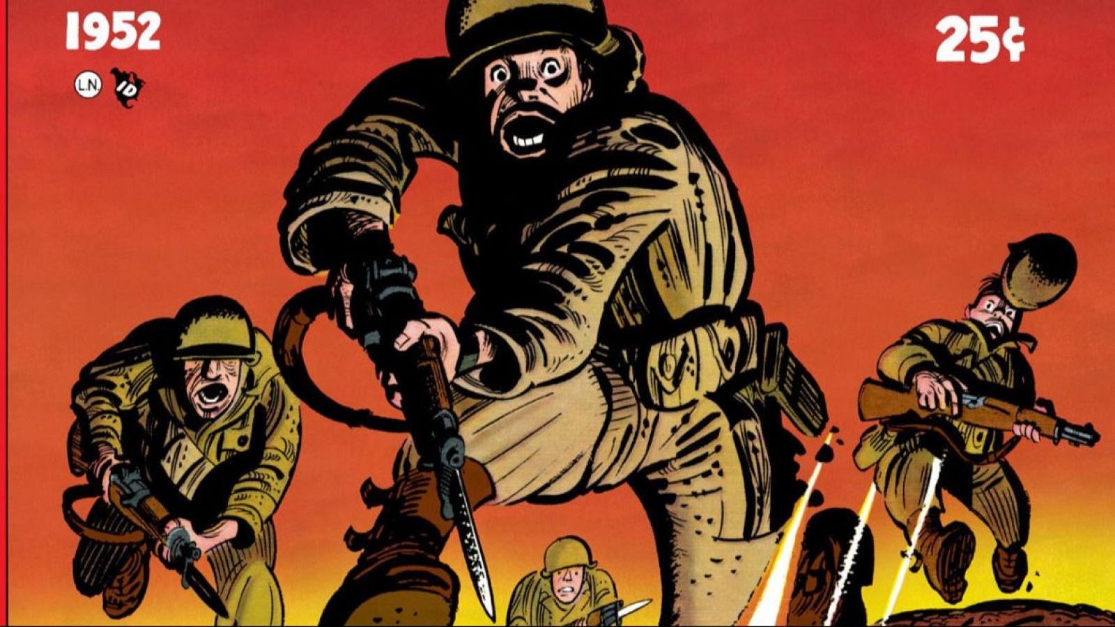 Portada de cómic bélico de 1952. Soldado corriendo con rifle, otros tres soldados tensos. Fondo rojo anaranjado. Precio: 25¢.