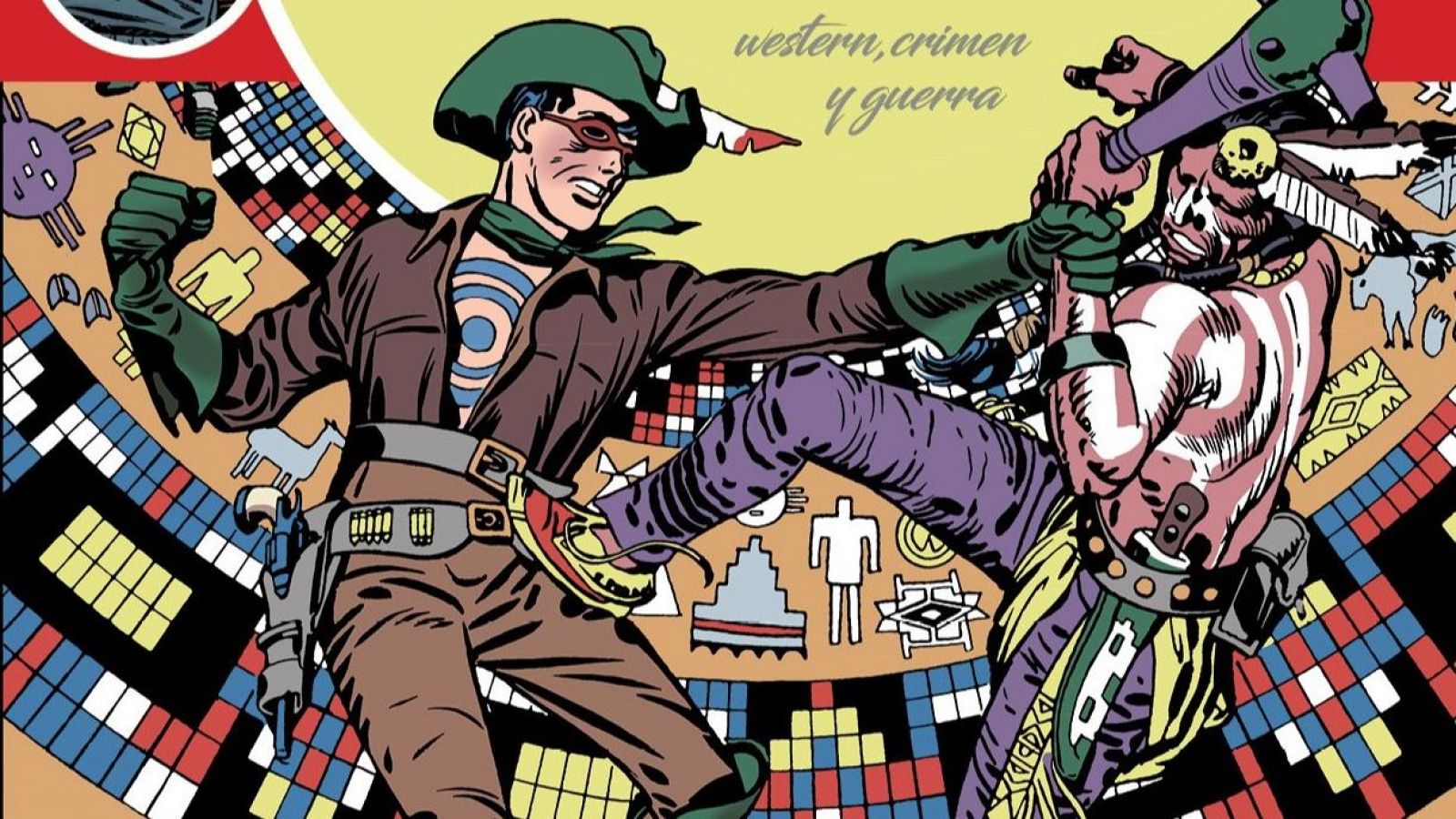 Intensa escena de lucha entre un vaquero y un nativo americano, con detalles de vestuario y armas. Fondo con motivos de petroglifos.