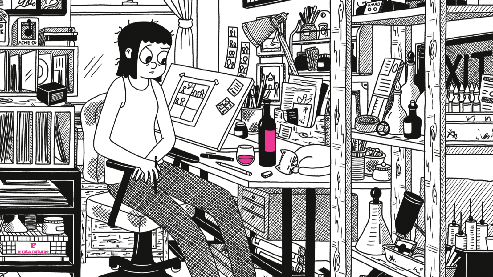 Ilustración de una mujer dibujando en su escritorio desordenado, con un gato, libros y una botella de vino.  Portada de cómic.