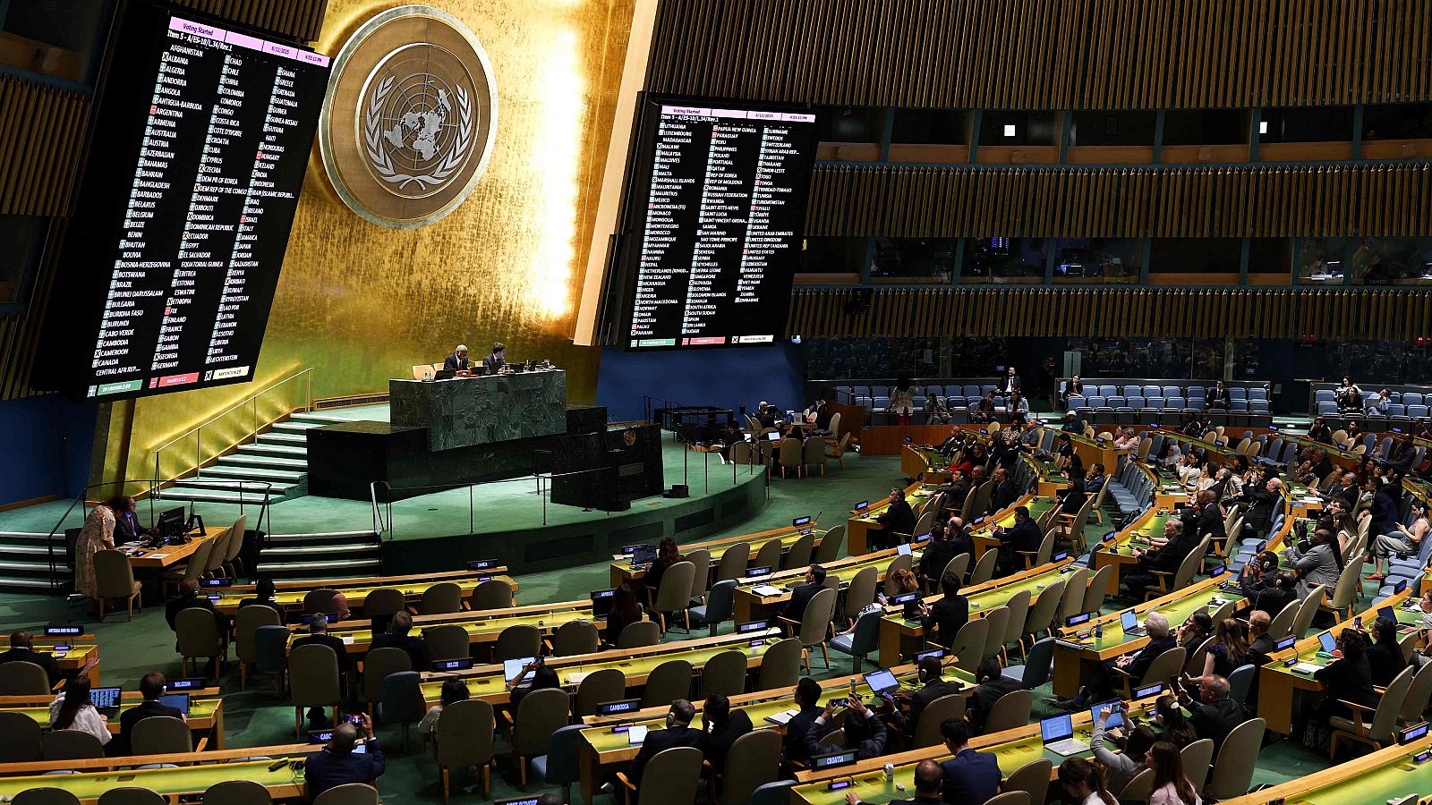 La Asamblea General de la ONU durante la votación de la resolución en su sede en Nueva York