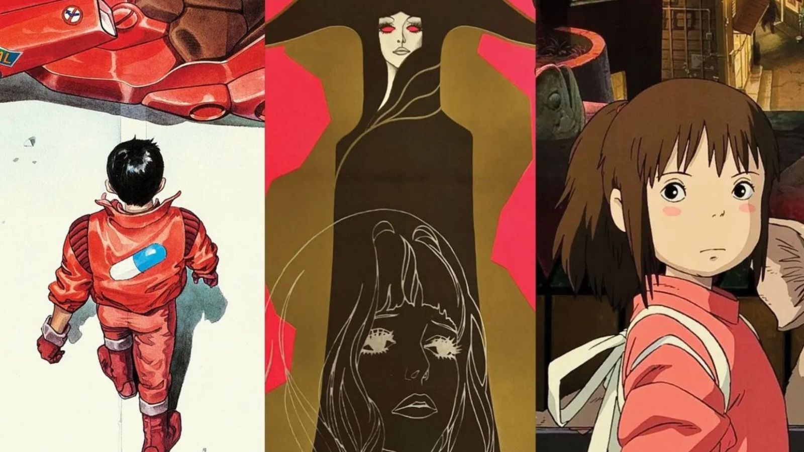 Portada de libro o colección con tres carteles de anime: un joven con chaqueta roja, una figura femenina alta con sombrero, y una niña pequeña con camisa rosa.  Estilos y épocas diversas.