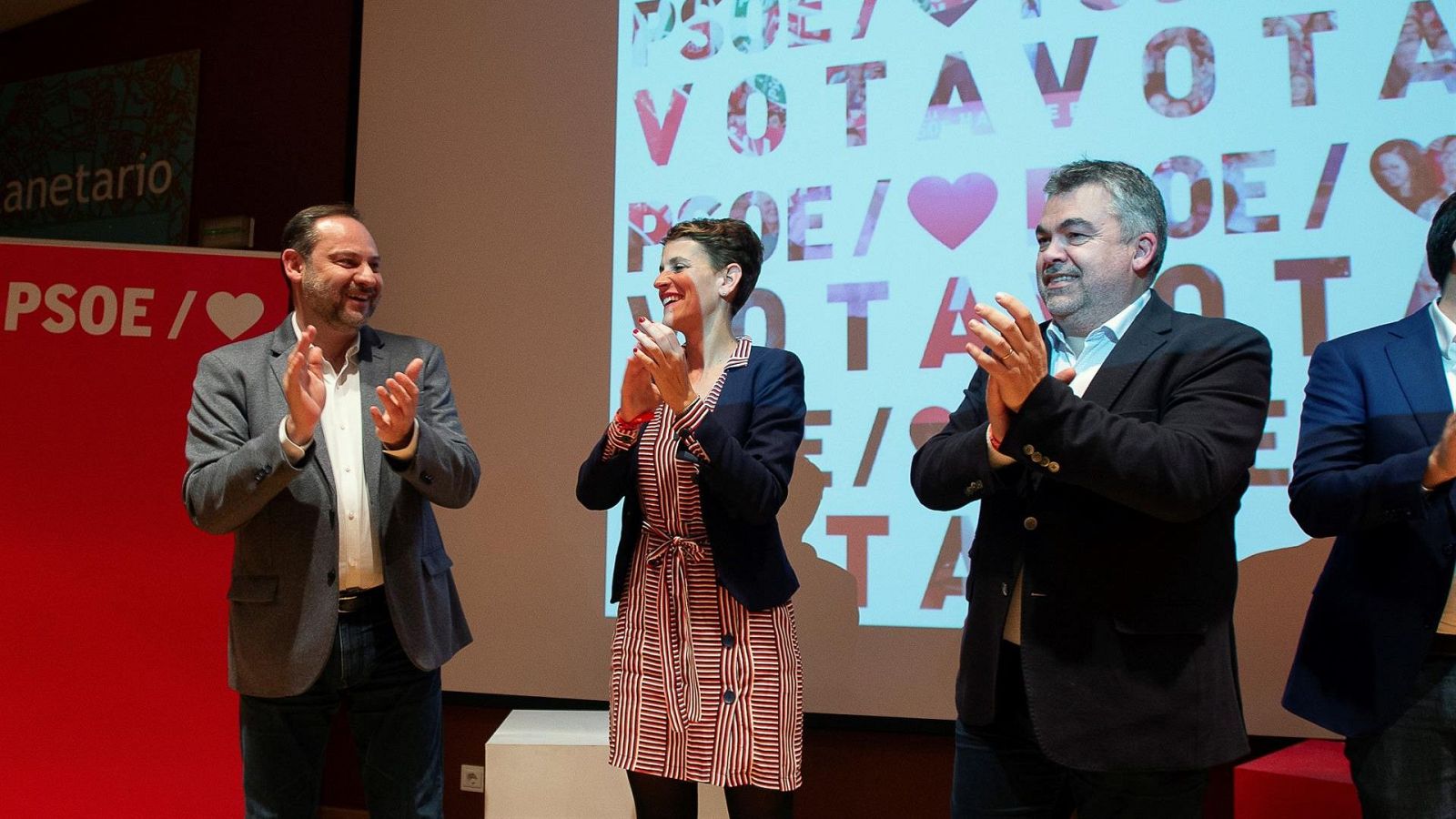 José Luis Ábalos, María Chivite y Santos Cerdán en un acto en Pamplona de 2019