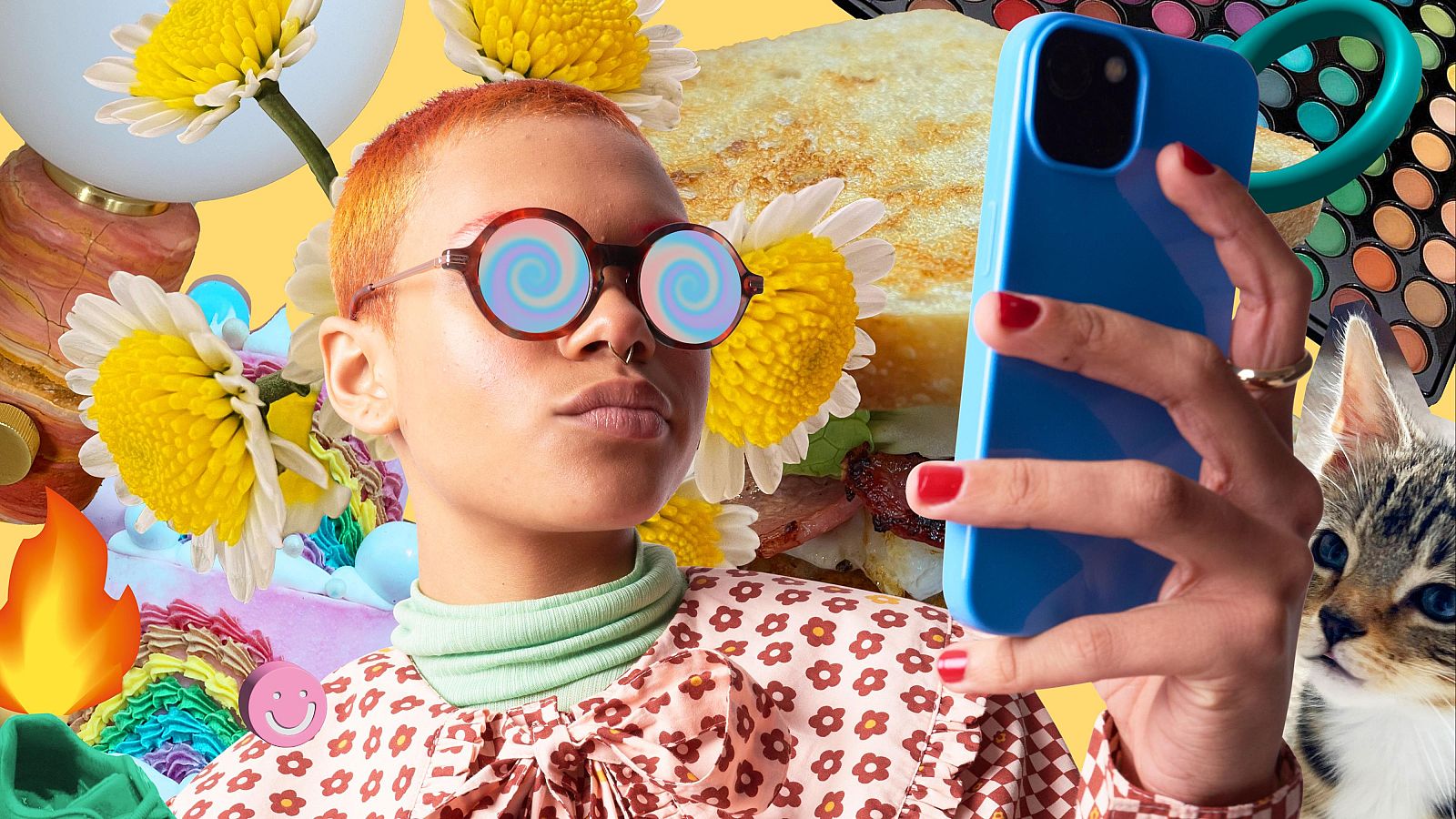 Selfie colorida con elementos diversos: flores, comida, maquillaje y un gato.  La persona tiene piel oscura, cabello rojizo y gafas.  Imagen dinámica y multifacética.
