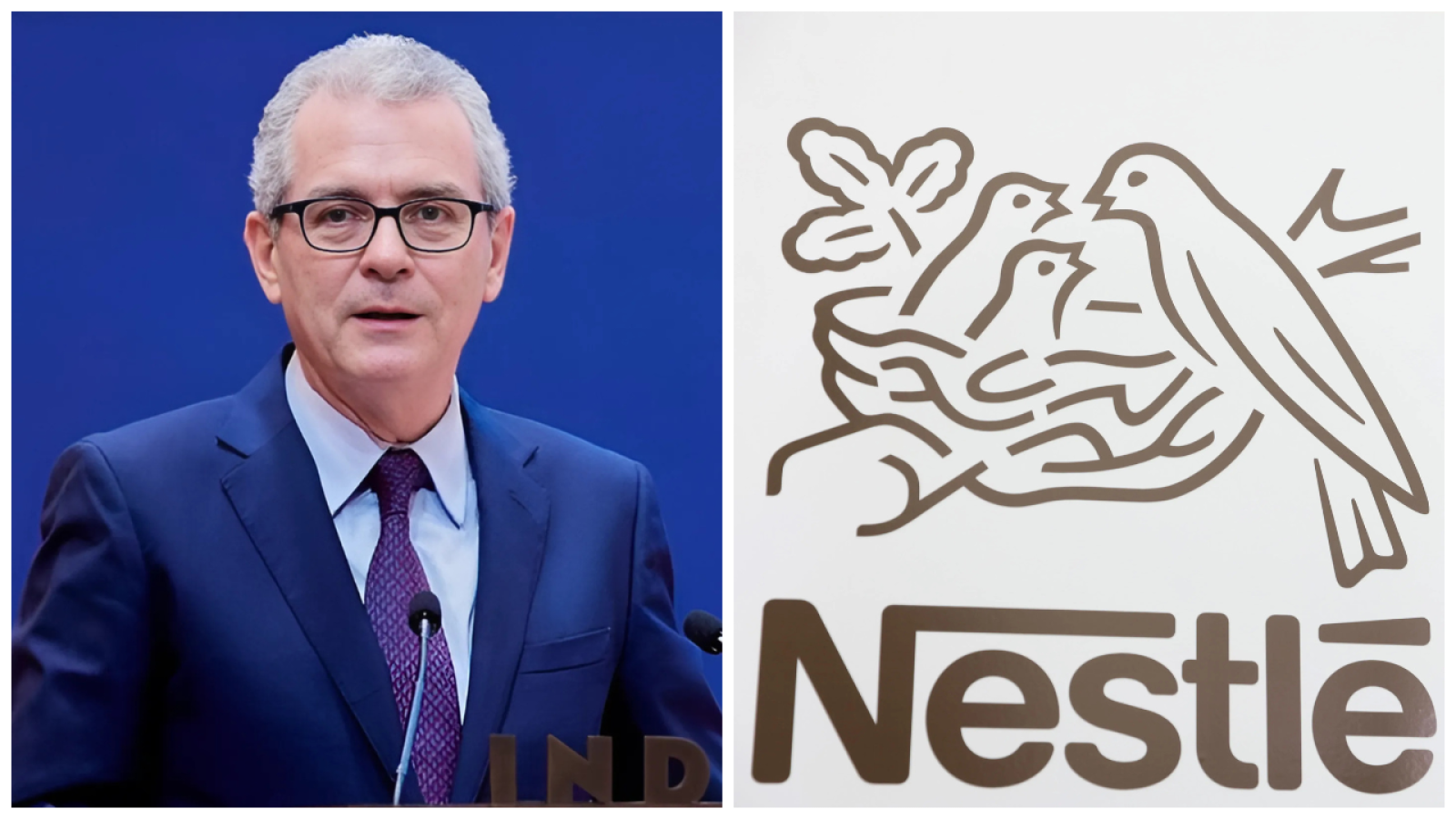 Ex CEO de Inditex, en traje, junto al logo de Nestlé.  Posible anuncio de nombramiento.