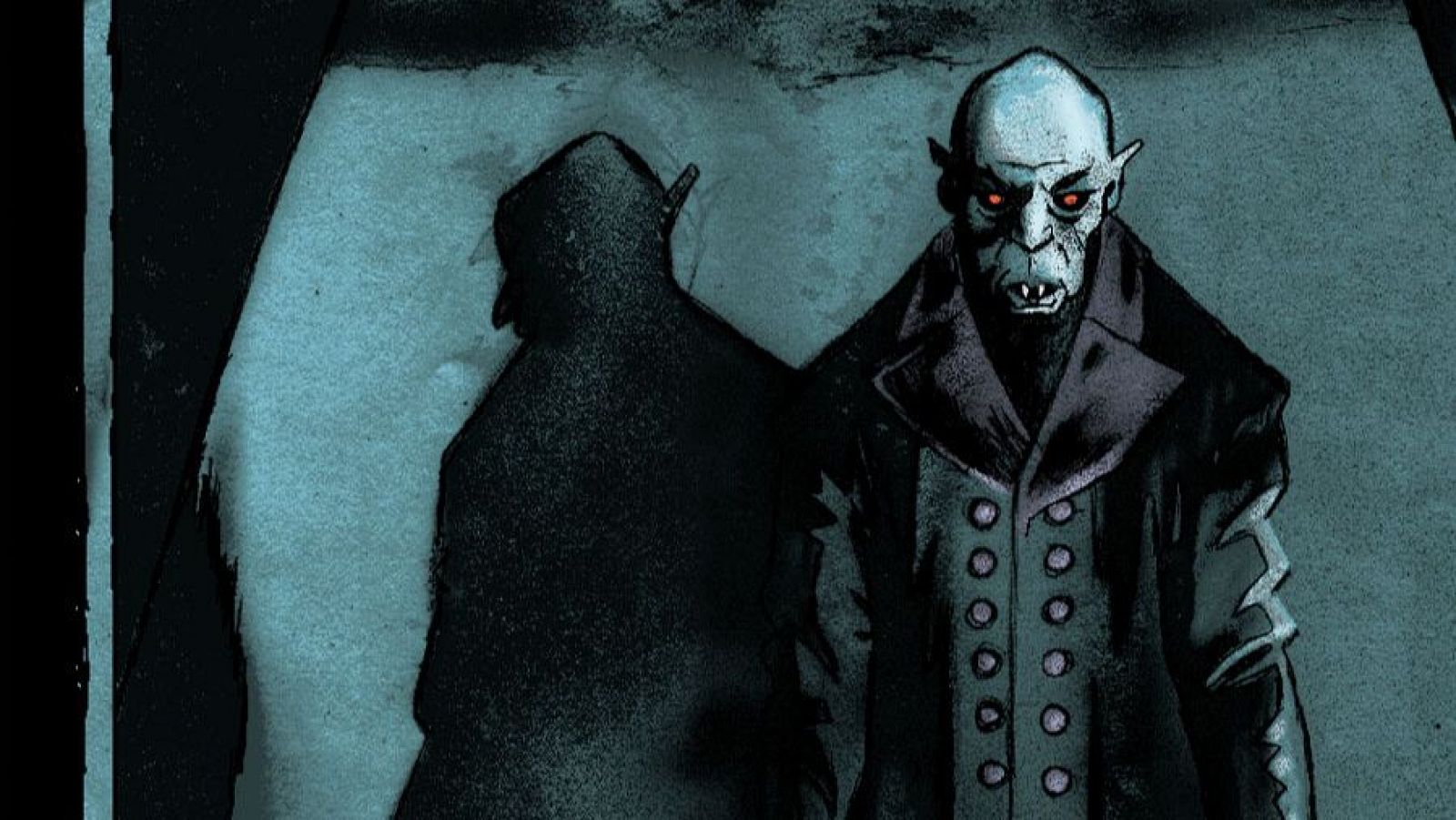 Detalle de una ilustración de Nosferatu, vampiro de piel pálida, ojos rojos y abrigo oscuro, con una figura encapuchada al fondo. Cómic español.