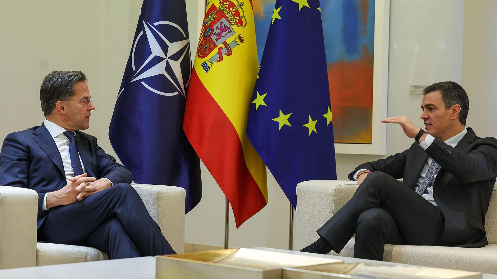 Imagen de archivo del pasado enero cuando el presidente del Gobierno, Pedro Sánchez, recibió al secretario general de la OTAN, Mark Rutte, en el Palacio de la Moncloa.