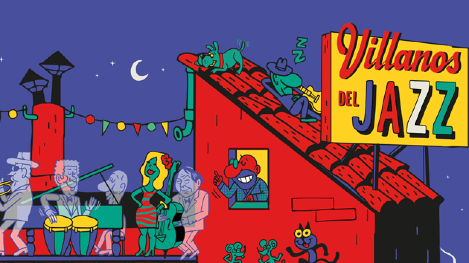 Banda de jazz fantasmal tocando en azotea nocturna. Cartel anuncia "Villanos del Jazz".  Personajes incluyen perro verde, hombre verde dormido, observador en ventana y animales bailando.