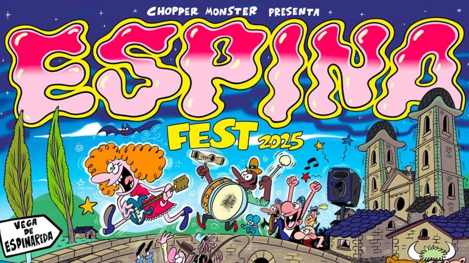 Ilustración festiva nocturna: músicos tocando instrumentos y gente bailando en un puente, con un pueblo al fondo.  Anuncia el "ESPINA FEST 2025".