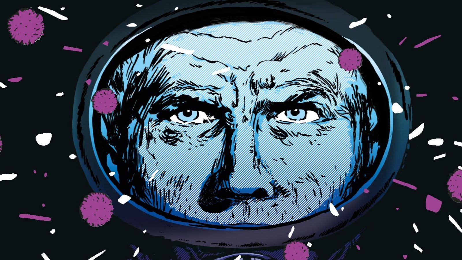 Rostro serio de un astronauta con casco, piel azul y textura rugosa, en un fondo oscuro con puntos luminosos.