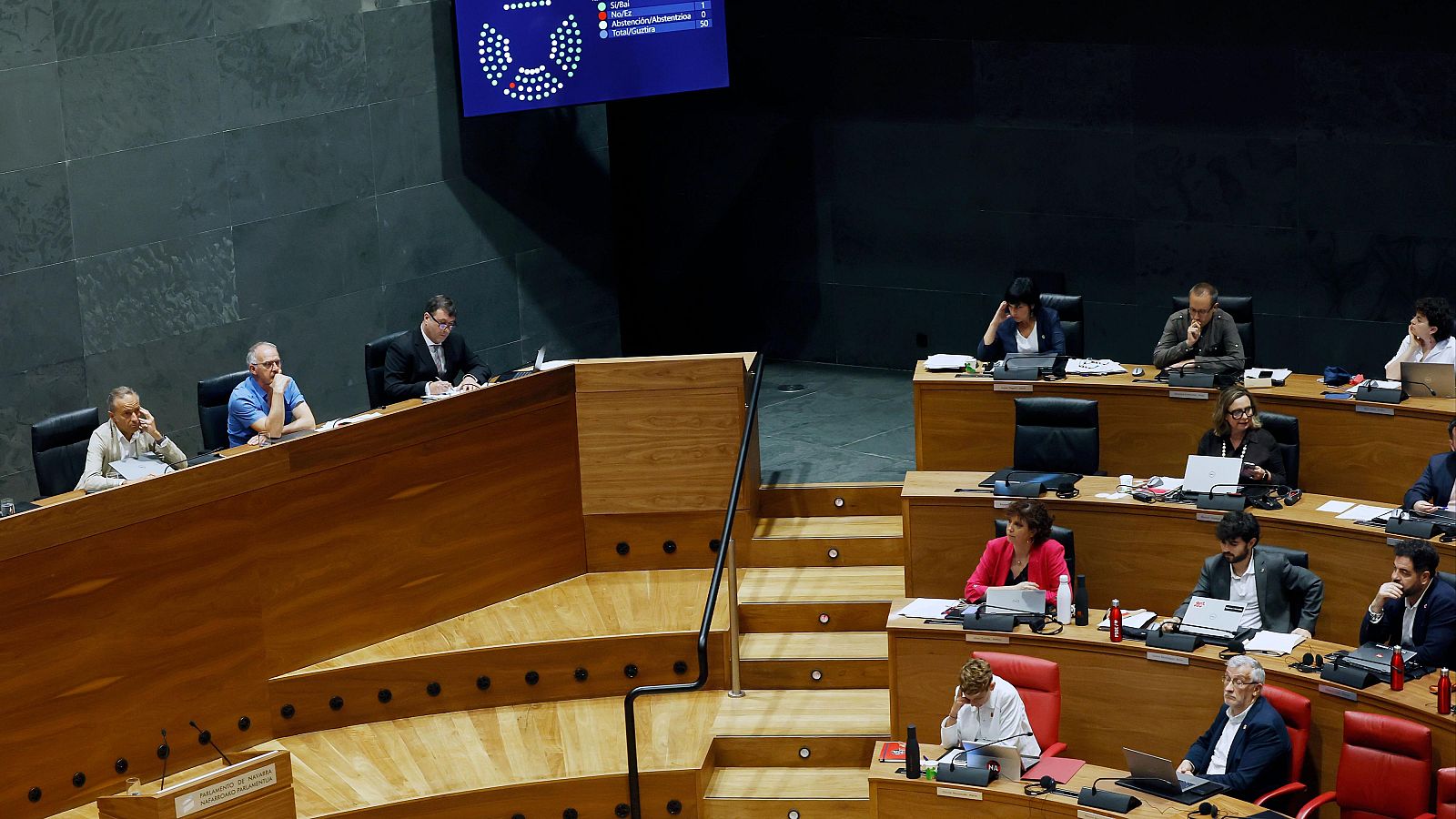 Imagen del interior del Parlamento de Navarra en el momento de la votación para crear comisiones de investigaciones