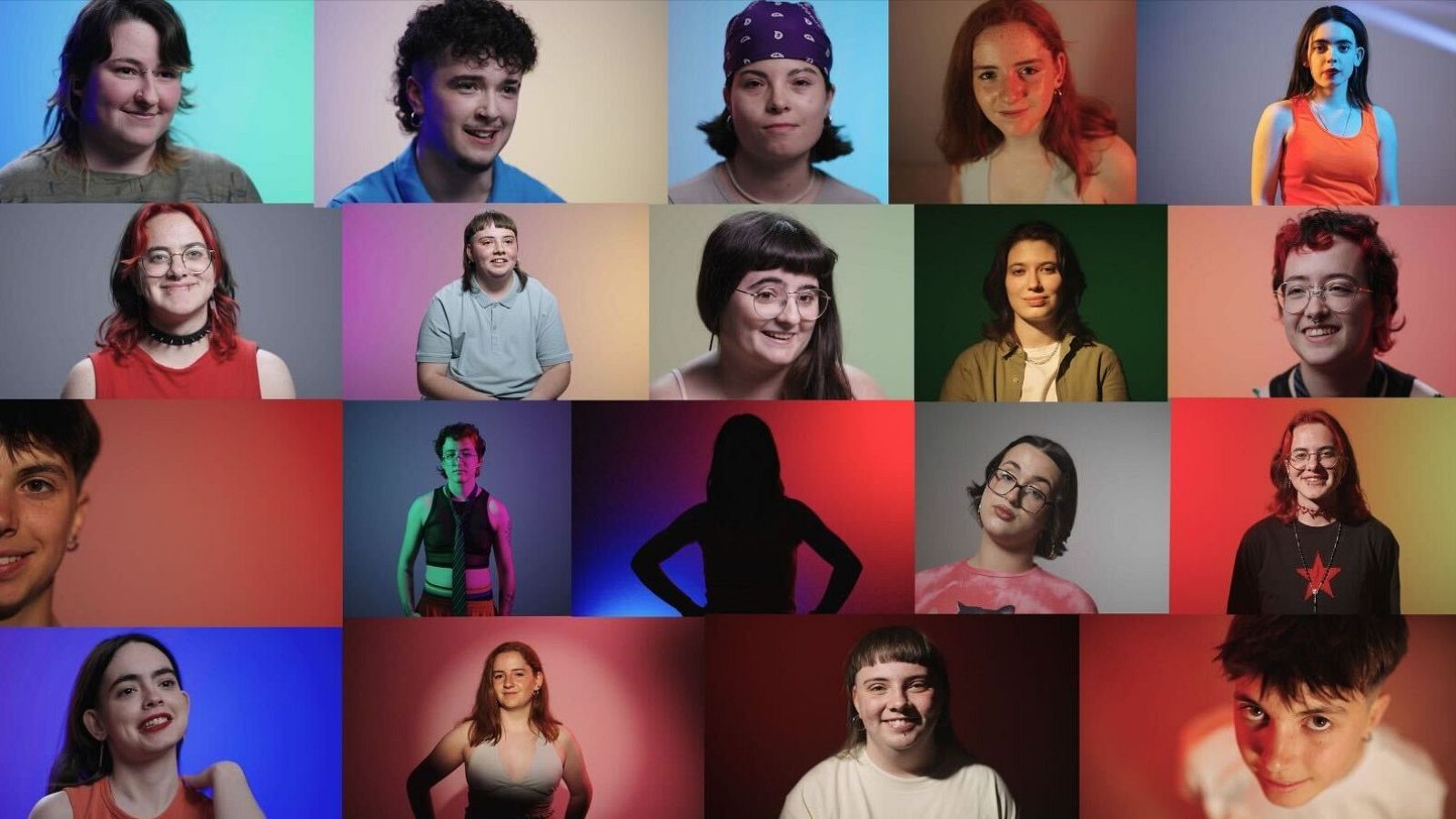 Variados retratos con fondos coloridos, mostrando la diversidad de la identidad de género no binaria.  Silueta central simboliza la fluidez y la búsqueda de identidad.