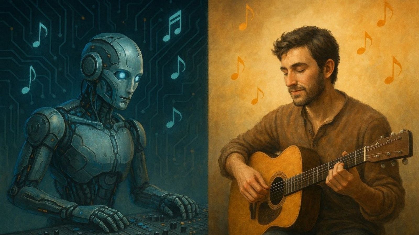 Robot y hombre crean música: uno con tecnología, el otro con guitarra acústica. Notas musicales azules y naranjas los rodean, contrastando fondos oscuros y cálidos.