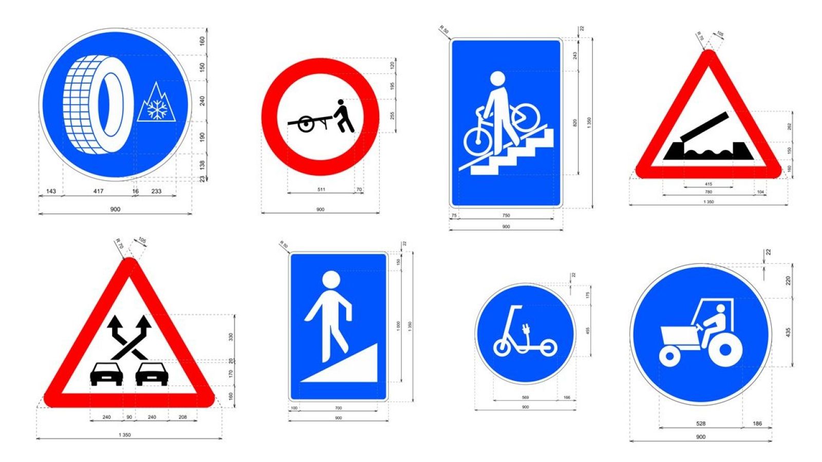 Diferentes señales del catálogo actualizado de señales de tráfico con las dimensiones correspondientes