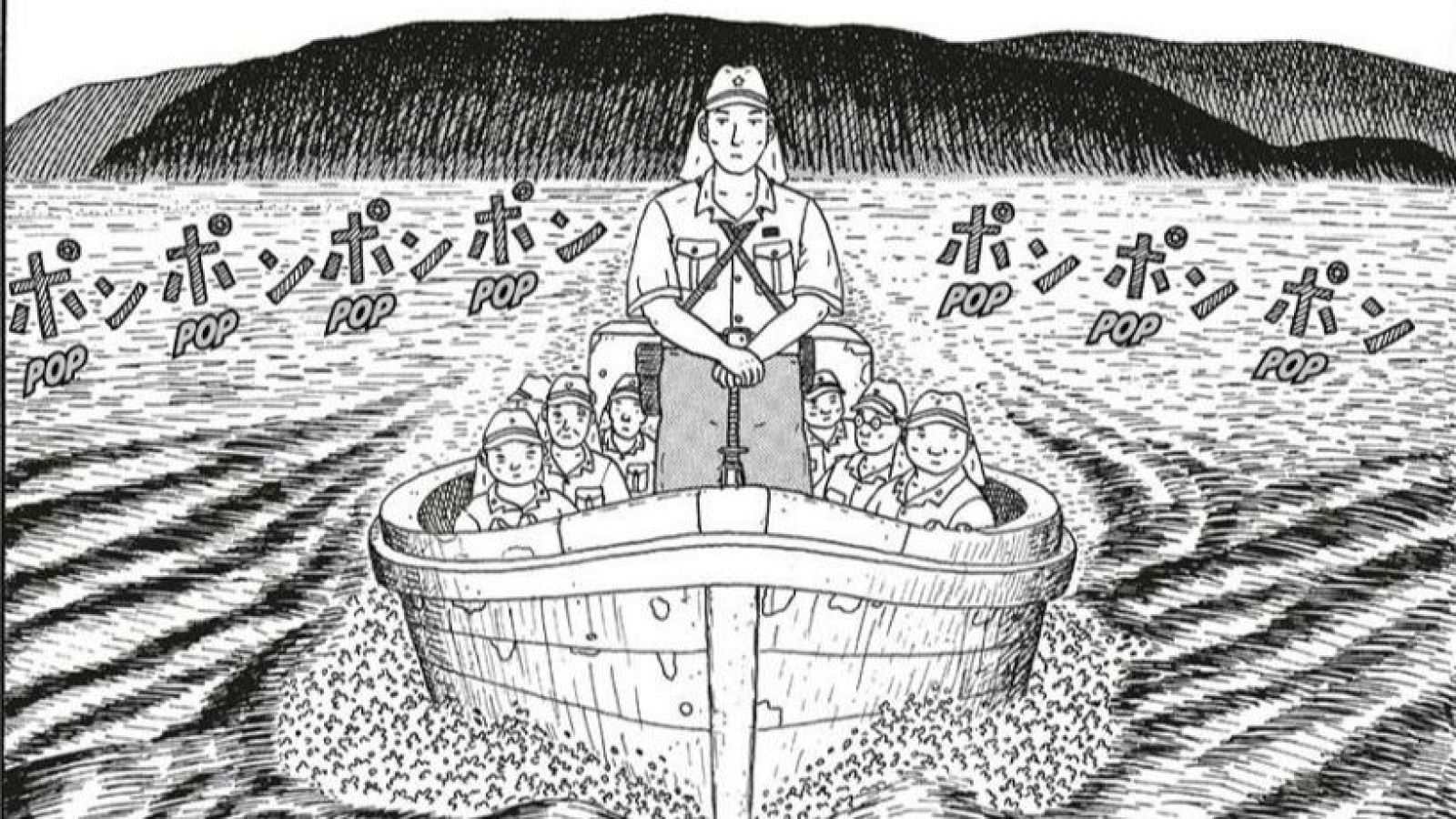 Barca con militares navegando; un oficial dirige a sus soldados.  Viñeta en blanco y negro con onomatopeyas 'POP' representando el sonido del agua.