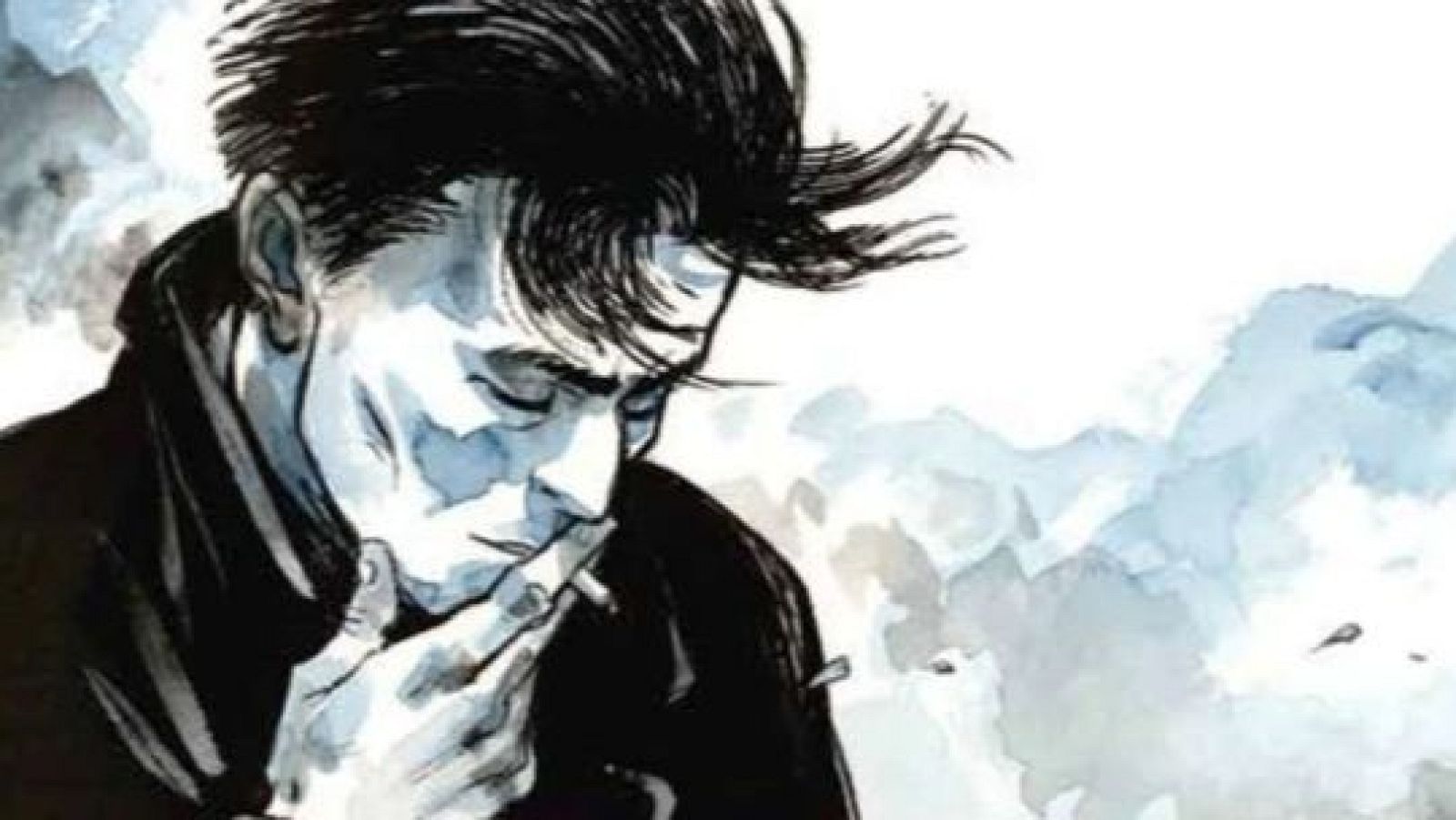 Hombre serio fumando, pelo oscuro revuelto, chaqueta oscura. Fondo difuminado azul y blanco. Estilo de dibujo con trazos fuertes y acuarela.