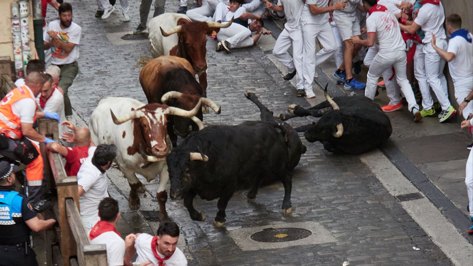 San Fermín 2025: dos toros de Fuente Ymbro hna resbalado y caído en el primer encierro