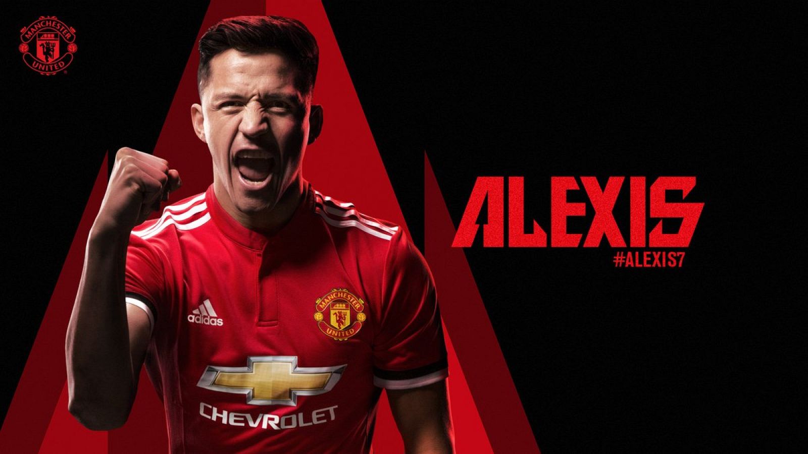 Imagen del delantero chileno Alexis Sánchez posando con la camiseta del Manchester United.